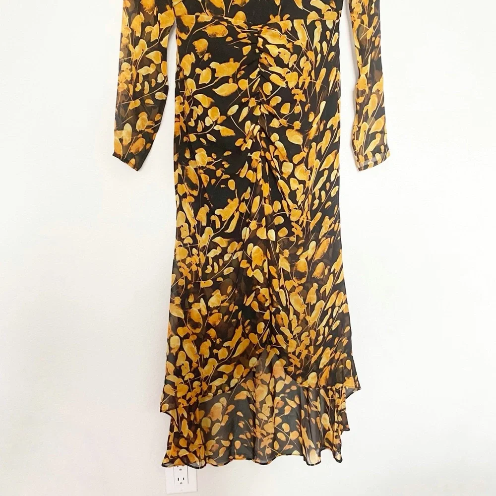 Sau Lee Michella Leaf Print Midi Dress Plunge Black Marigold Spring Boho Size 2 - Picture 10 of 15